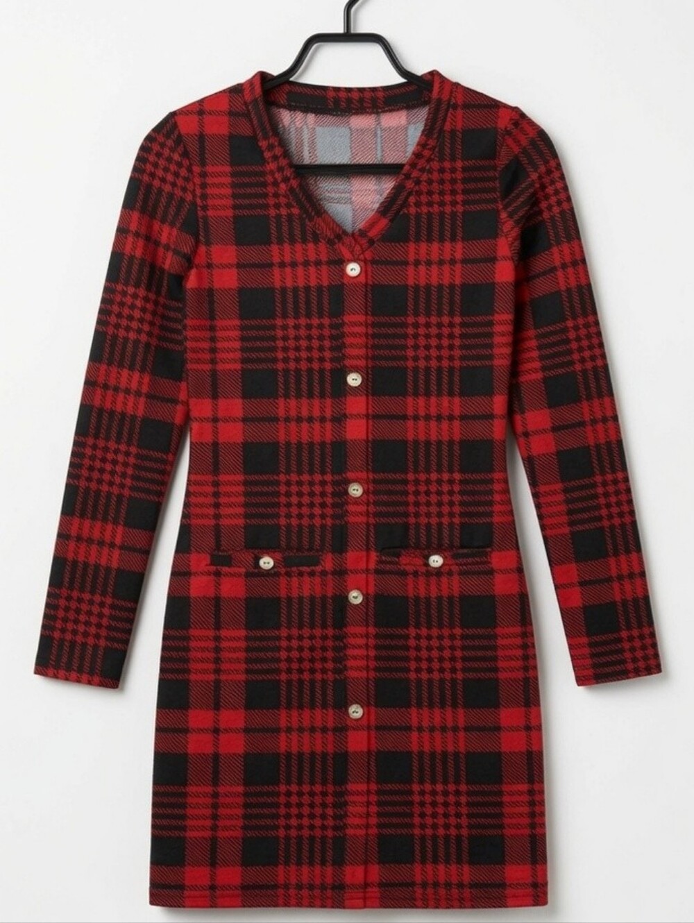 Girls Red and Black Plaid Button-Front Dress